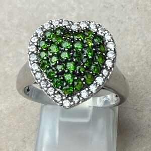 Chrome Diopside Heart Ring Sterling Silver 925 CZ Halo Size 7.5